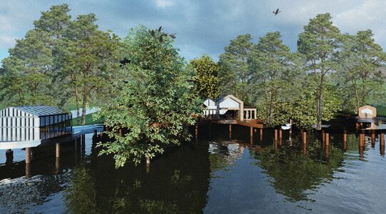 Tranquil floating homes on a lake, surrounded by lush greenery and serene waters.