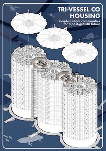 Innovative tri-vessel housing design for sustainable, flood-resilient communal living in future communities.
