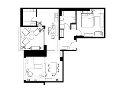 Detailed residential floor plan featuring living, dining, kitchen, bedroom, and bathroom areas.