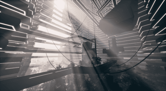 Monochrome futuristic megastructure atrium with god rays, tiered platforms, and central greenery oasis.