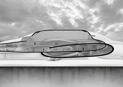 Futuristic biomorphic pavilion architectural section with looping ramp, glazed shell, dramatic monochrome sky.