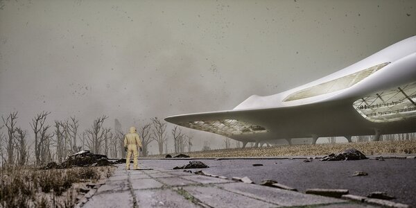 Lone traveller approaches cantilevered futuristic building above a ruined road in bleak, post-apocalyptic landscape.