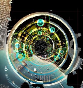 Futuristic urban map showcasing connectivity, nature, and data visualisation.