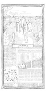 Hand-drawn black-and-white illustration: stone circle, rural village, and archaeological charts below.