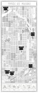 Black-and-white French harvest map infographic poster with winding river, route markers, legend and tool icons.