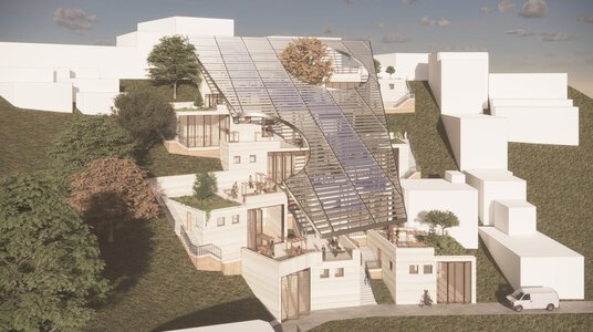 Modern terraced hillside complex with sloped canopy, tree-framed opening, and layered glass terraces.