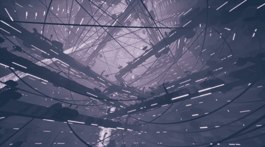 Futuristic industrial cylindrical reactor shaft, worms-eye view with trusses, cables, and glowing light bands.