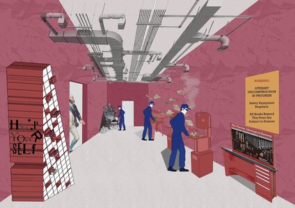 Stylised industrial kitchen corridor with blue-uniformed workers on a processing line, ducts and tools.