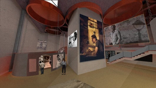 Contemporary industrial-style photography exhibition in concrete gallery with rust-orange ceiling rings and visitors.