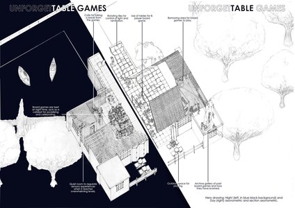 Isometric game environment blueprint showing day-night split with architectural concept art details.