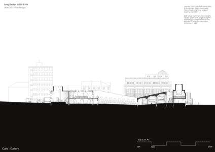 Architectural long section drawing of urban vaulted gallery arches within historic fabric.