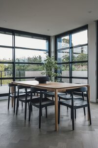 Modern minimalist dining area with natural light and garden view at St James Park Residences.