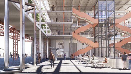 Screenshot Spacious modern interior featuring a striking orange staircase and inviting communal seating areas.