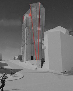 Sleek glass tower contrasts with traditional buildings in vibrant urban setting.