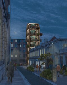 Twilight urban scene showcasing modern architecture harmonising with traditional buildings and lively pedestrians.
