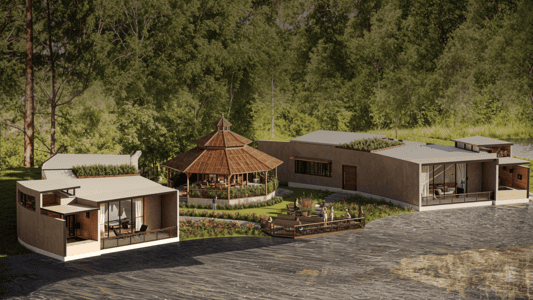 Serene modern retreat featuring glass buildings and a gazebo nestled in lush greenery.