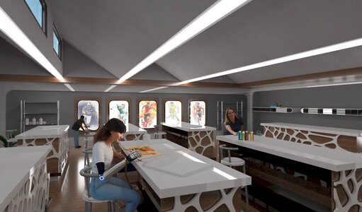 Light-filled modern makerspace studio with arched windows, lattice tables, and collaborative workstations.