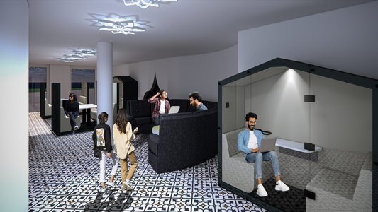 Open-plan monochrome coworking lounge with work pods, modular seating, and geometric black-and-white tiles.