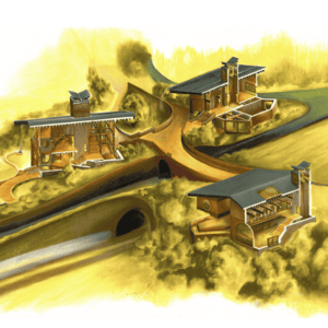 Serene modern houses harmoniously nestled in lush greenery along a winding road.