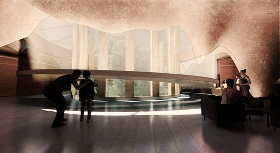 Modern interior with large glass wall, natural light, and people interacting.