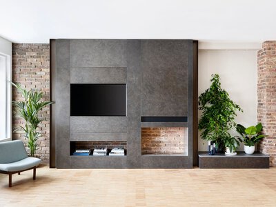 Modern living room with sleek entertainment center, natural light, and indoor plants.