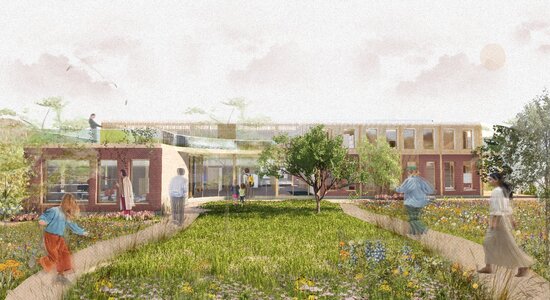 Architectural rendering of sustainable modern low-rise with glazed facade, wildflower meadow, green roofs.