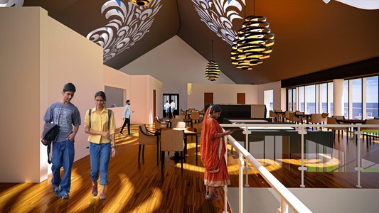 Contemporary waterfront restaurant with vaulted ceiling, glass balustrade, wooden flooring and pendant lighting.