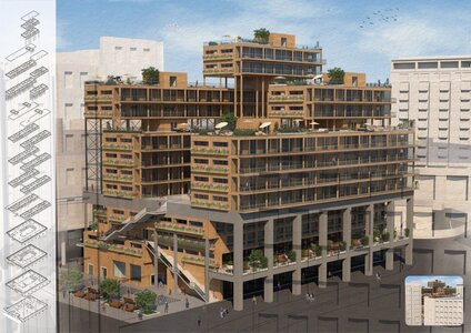 Contemporary stepped building featuring natural green spaces and vibrant communal areas.