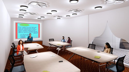 Modern training room with presentation screen, modular tables, laptops, and attendees in collaborative workshop.