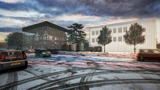 Reflective urban scene at dusk, showcasing modern architecture and dynamic vehicle activity.