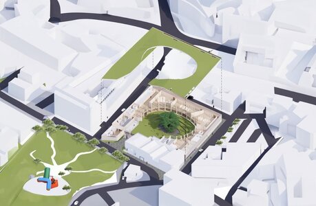 Contemporary urban oasis featuring a green courtyard and minimalist architecture for community engagement.