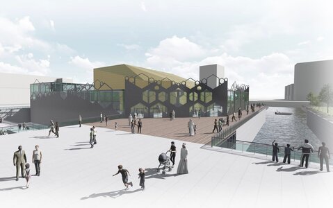 Modern waterfront pavilion with glass facade, hexagonal patterns, yellow roof, spacious plaza, and waterway.