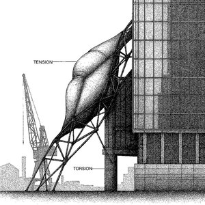 Architectural illustration: modernist high-rise with tension–torsion membrane parasitic addition, stippled elevation.