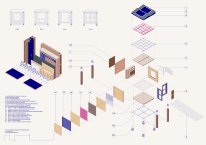 Isometric exploded modular building assembly diagram showing wall panels, posts, floor and roof layers.
