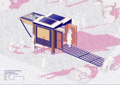 Axonometric rendering of accessible solar modular pavilion with ramp in a public park.