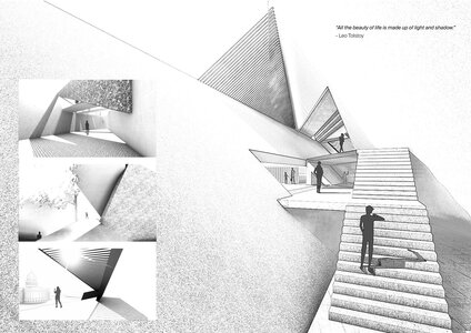 Monochrome architectural board with geometric staircase, triangular forms, and dramatic light and shadow.