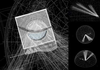 Technical optical star map showing moon projection, lens geometry and field-of-view slices.