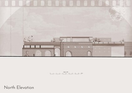 North elevation drawing of a historic building showcasing architectural styles and intricate details.