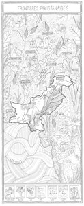 Black-and-white line art Pakistan map with Indus River, wildlife, French-labelled borders.