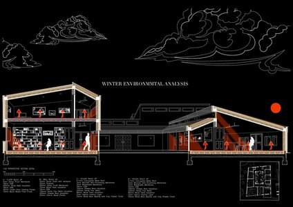 Passive solar winter house section diagram showing sun angles, structure, and environmental analysis.
