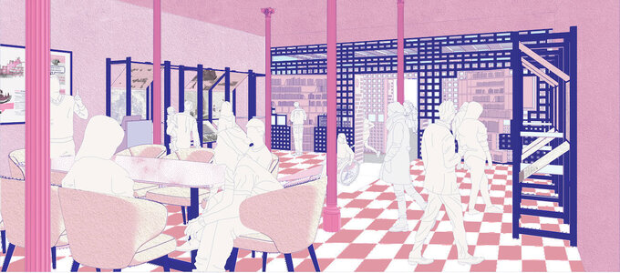 Pastel pink café interior with red-and-white checkerboard floor, blue lattice partitions, modern retro style.