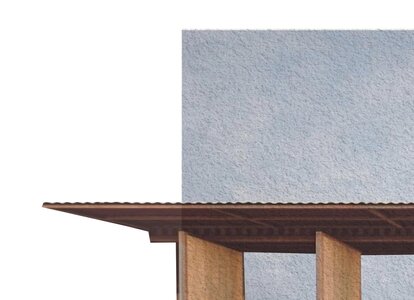 Minimalist wooden pavilion with textured wall, showcasing simplicity and balance in design.