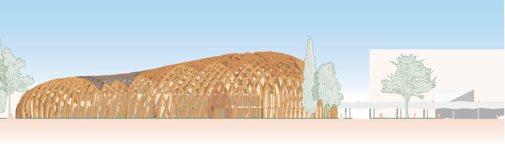 Woven timber lattice pavilion side elevation with undulating roof and arched openings, architectural rendering.