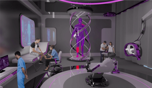 Futuristic biotech lab with DNA helix scanner, holographic displays, AR headsets for medical research.