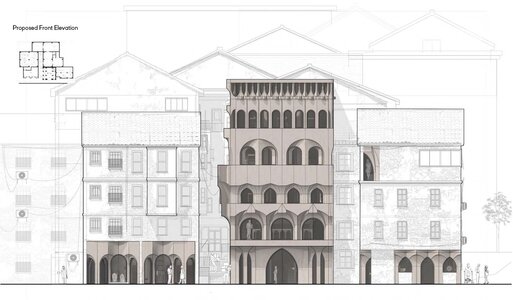 Elegant multi-storey building elevation proposal featuring classical architectural design and harmonious urban integration.