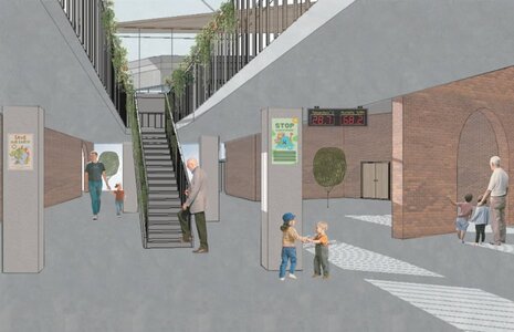 Bright public concourse featuring escalator, brick arches, greenery, and tactile paving for accessibility.
