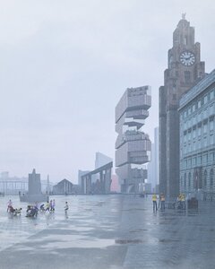 Rain-soaked waterfront cityscape with clock tower, modern architecture, puddle reflections, and people.