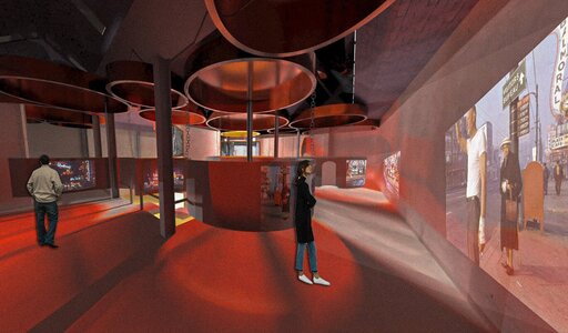 Immersive red gallery with archival street projections, curved partitions, and reflective circular ceiling discs.