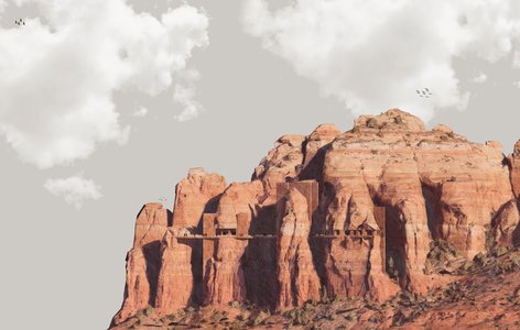 Stunning red rock cliffs with remnants of ancient dwellings in a serene desert landscape.