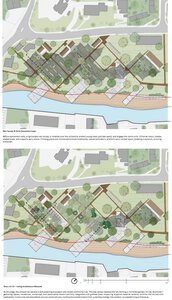 Riverfront development masterplan comparison: dense grid vs green meandering site plans.